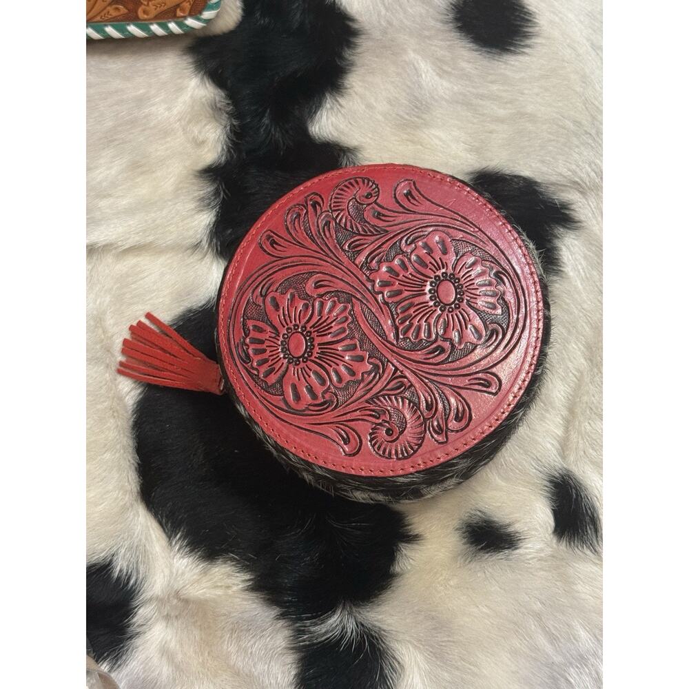 Handmade Red Leather Tooled Cow Hide Black White Jewelry Box Ring Travel Case - Picture 9 of 9